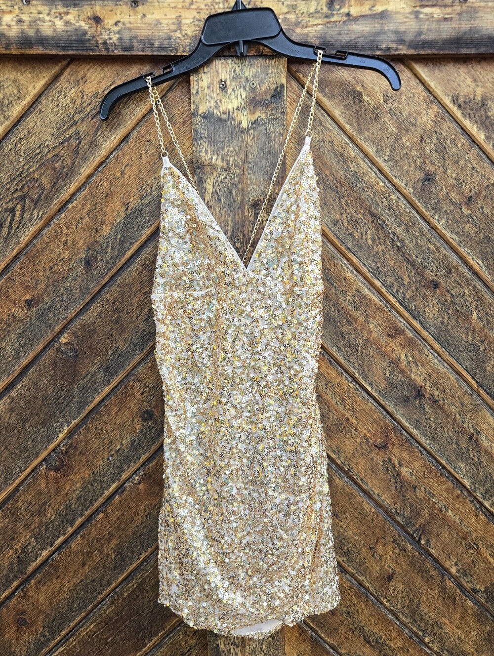 Crystal Sky Gold Sequin Crisscross Chain Open Back Mini Dress